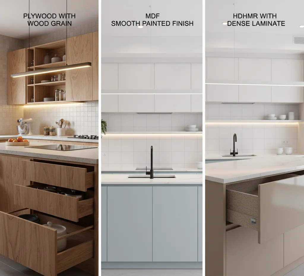 Plywood vs MDF vs HDHMR: Best Material for Kitchen Cabinets